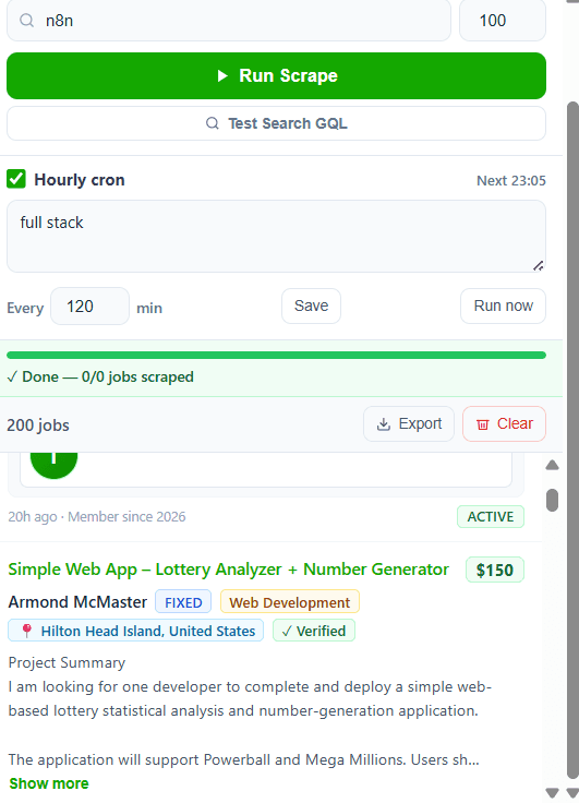 Upwork job and contact enrichment workflow interface — view 1